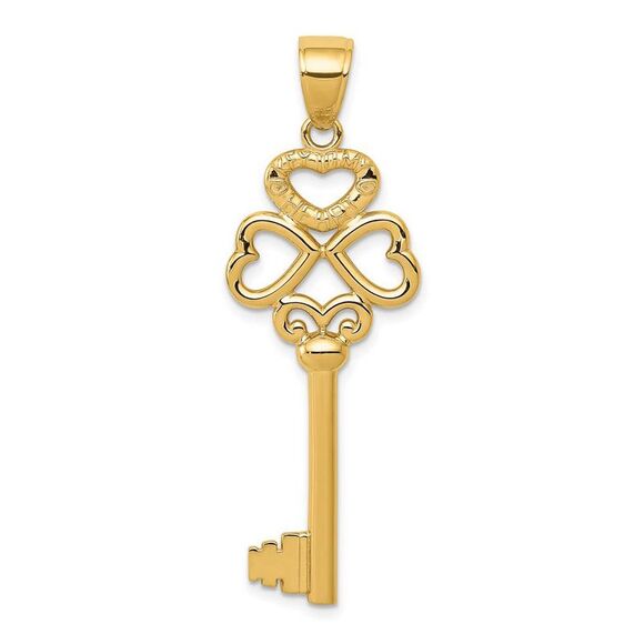 14k Yellow Gold Triple Heart with Key to My Heart Pendant 15mm